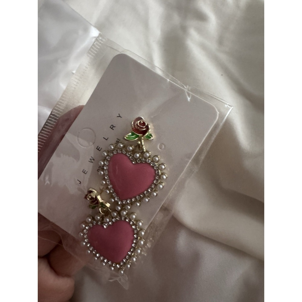 Pink Heart Rose Dangle Earrings with Imitation Pearl, Gold, Red & Green Accents